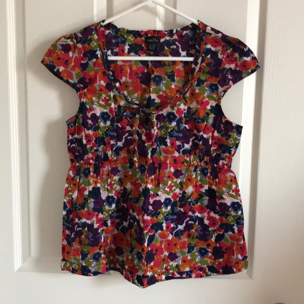 Cotton floral print empire waist side elastic top